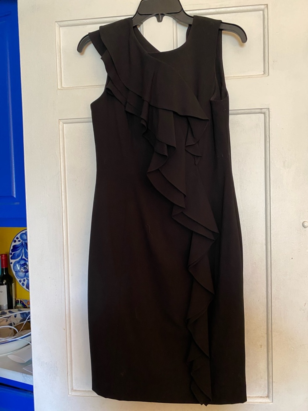 Calvin Klein Black Sleeveless Ruffle Sheath Midi Dress